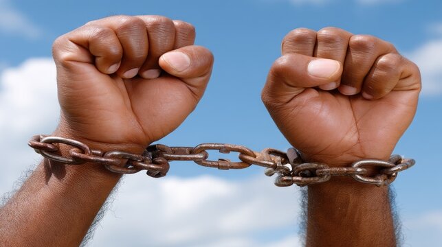 Powerful symbol of freedom as hands break free from chains under a bright blue sky