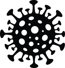 Black silhouette of a coronavirus particle on a white background