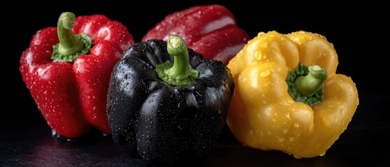Colorful bell peppers with water droplets on a dark background create a fresh and vibrant display of vegetables for healthy cooking