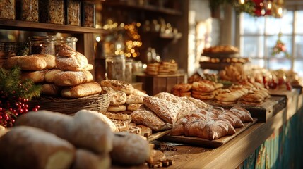 A warm and inviting bakery filled with the smell of fresh holiday pastries,