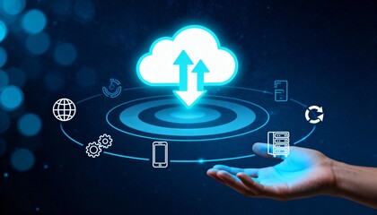Hand Holding Glowing Cloud Computing Interface with Digital Network Icons, Data Storage and Technology Concept