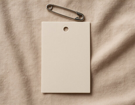 Beige rectangular clothing price tag mockup with safety pin on fabric background