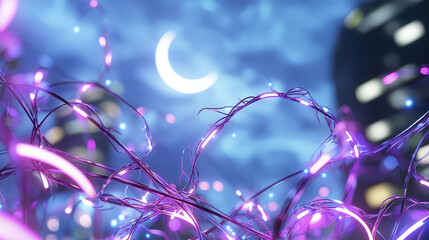 Surreal cityscape illuminated by vibrant neon vines under crescent moon creates magical atmosphere