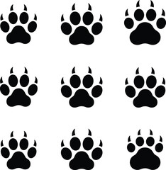 Nine black wolf paw prints on a white background