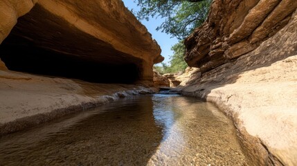Natural sandstone canyon with flowing stream reflecting the serene sky and ancient formations