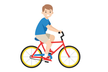 Obraz premium Smiling boy in blue shirt riding a red bicycle with yellow-rimmed wheels