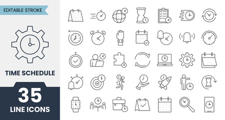 Time schedule line icons set with editable stroke. Contains icons related to planning, calendar, time management, reminder, deadline and more. Vector illustration