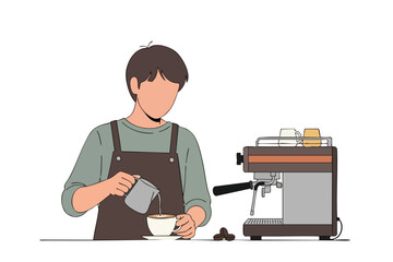 Person pouring milk into a coffee cup next to an espresso machine