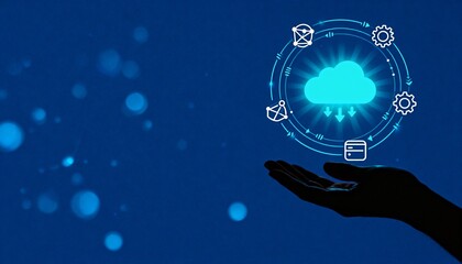 Hand Holding Glowing Cloud Computing Interface with Digital Network Icons, Data Storage and Technology Concept