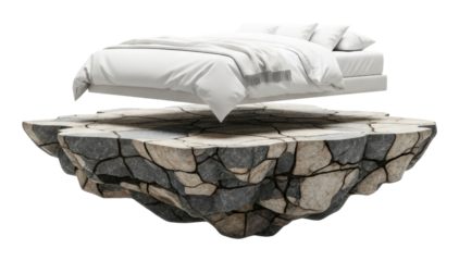 Floating bed on rock platform surreal concept modern design isolated on transparent background