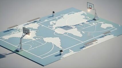 Isometric 3D rendering of a unique basketball court designed as a world map, complete with hoops, benches, and a ball dispenser, symbolizing global sports and competition.
