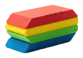 Colorful erasers stacked together office desk product isolated on transparent background