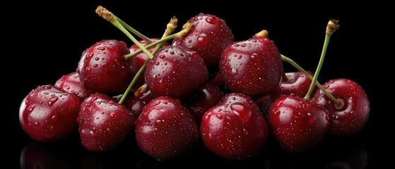 Fresh red cherries with water droplets on a black background showcasing their vibrant color and appealing texture after being washed in the kitchen