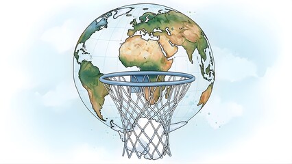 Vibrant watercolor illustration of Earth as a basketball sinking into a hoop, symbolizing global goals, environmental challenges, or worldwide achievement.