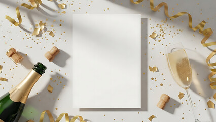 Blank greeting card with champagne bottle and glass, surrounded by confetti and streamers for a celebration