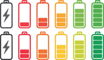 Set of battery charge level indicators in different colors and states
