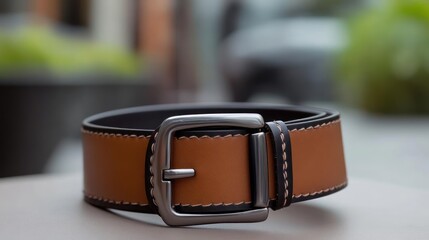 Elegant tan leather belt with a polished silver buckle set against a subtle blurred backdrop