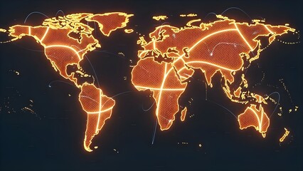 A vibrant, glowing digital world map with interconnected lines and a honeycomb pattern, symbolizing global communication, data networks, and modern technological connectivity.