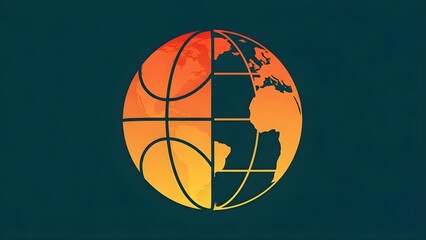A stylized illustration blending a basketball design with a world map, showcasing global sports and unity in vibrant orange and yellow hues on a dark teal background.