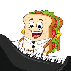 Cartoon Sandwich Playing The Piano Isolated On White Background