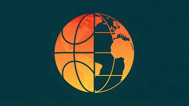A stylized illustration blending a basketball design with a world map, showcasing global sports and unity in vibrant orange and yellow hues on a dark teal background. - Powered by Adobe