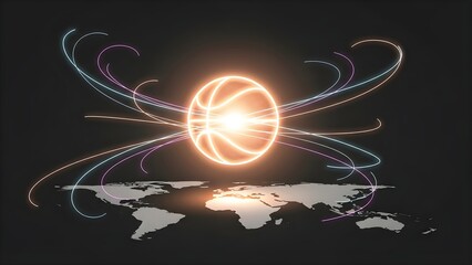 A glowing basketball with dynamic light trails hovers above an illuminated world map, symbolizing global sports connectivity and energy.