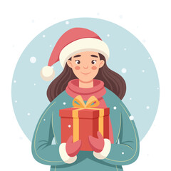 Joyful woman in Santa hat holding Christmas gift on a winter snow background.