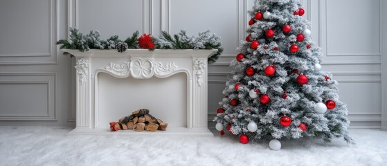 Obraz premium Living room displays a Christmas tree, wrapped gifts, and a glowing fireplace, creating a cozy and festive holiday atmosphere