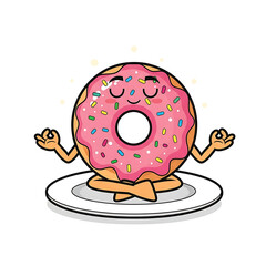 Cartoon Donut Meditating On A Plate Isolated On White Background