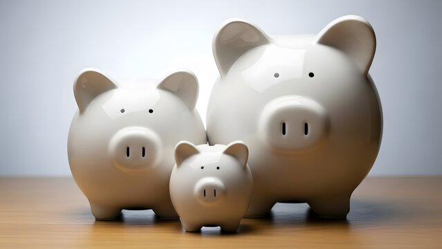 Family of ceramic piggy banks standing together on a wooden surface