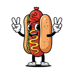 Cartoon Hot Dog With Ketchup And Mustard Giving Peace Signs Isolated On White Background