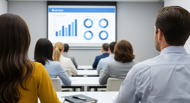 Business audience viewing presentation screen with charts and graphs, depicting corporate data analysis and professional learning environment.