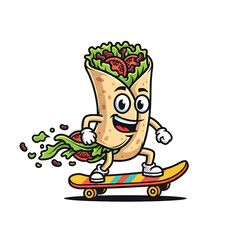 Cartoon Burrito Riding A Skateboard Isolated On White Background