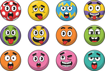 Fototapeta premium Bright colorful emoji face collection with humorous expressions, perfect for stickers, messaging graphics, kid-friendly designs and digital communication themes