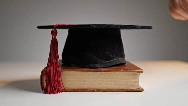Graduation cap with red tassel on old book academic success and learning concept