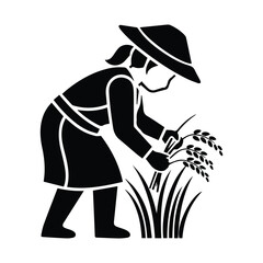 Farmer in conical hat harvesting rice stalks in a distinctive silhouette style