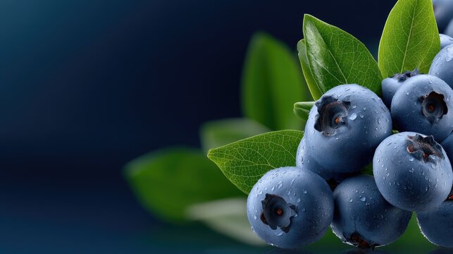 Fresh blueberries with droplets resting on leaves against a dark background showcasing their natural beauty and freshness - Powered by Adobe