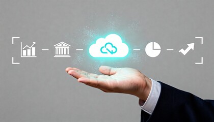 Business hand holding cloud computing icon with data analytics and finance symbols