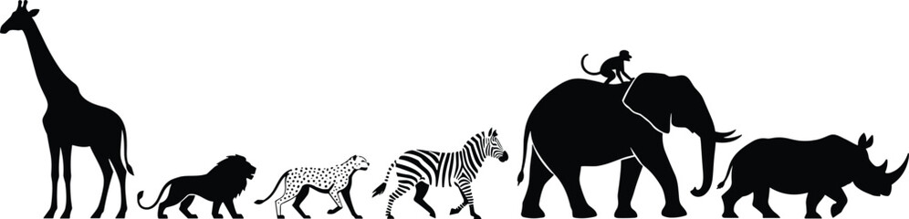 African safari animals silhouette, wildlife vector illustration of giraffe, lion, cheetah, zebra, elephant, monkey, and rhinoceros in a row.