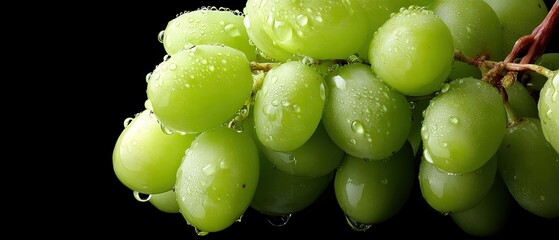 Fresh green grapes with water droplets captured on a dark background highlighting their juicy texture and vibrant color