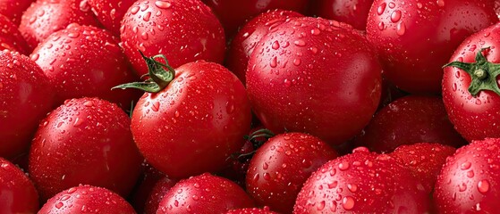 Fresh red tomatoes with droplets of water glistening in natural light, ready for cooking in a kitchen or to be served in a salad