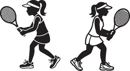 Two female tennis players in different outfits black and white silhouette