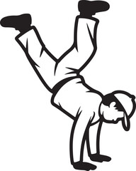 Young man doing breakdance handstand black and white outline silhouette image