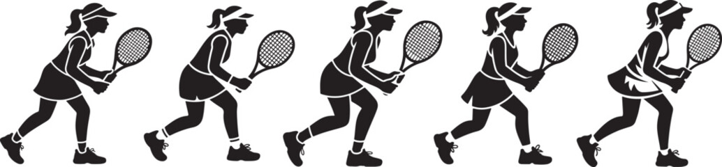 Group of six female tennis players in various poses black and white silhouette