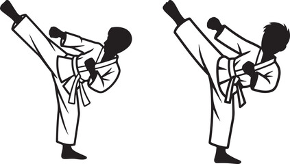 Two karate fighters kicking in profile black and white and silhouette