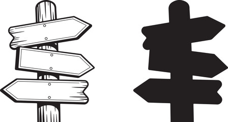 Wooden signpost with three blank arrows pointing right in outline