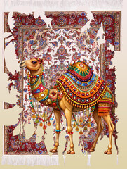 Decorative camel with decorative saddle, cutout art background, rug