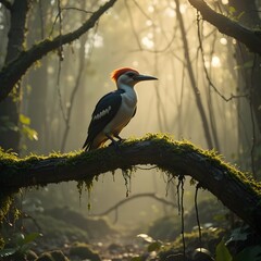 Fototapeta premium Red-Crested Woodpecker in Sunlit, Misty Forest