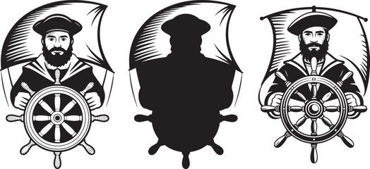 Bearded captain at ships helm with flag in outline and solid silhouette versions nautical theme