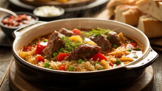 The national cuisine of Bosnia and Herzegovina. 
Stewed meat with rice and vegetables "juvech" ("guvech")